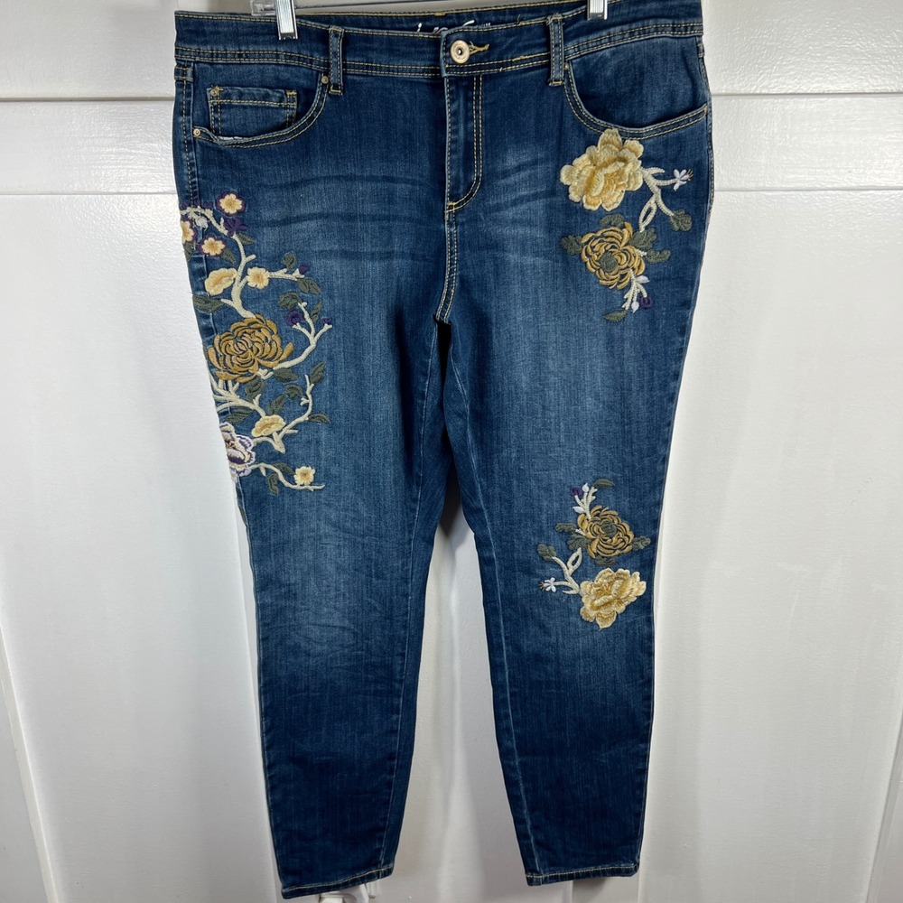 INC International Concepts Floral Embroidered Skinny Leg Jeans Blue 16